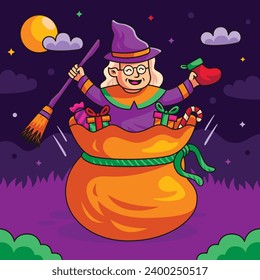 Buona Befana background. Translation: Happy Epiphany. witch flying on a broom. Cartoon Vector illustration for Poster, Banner, Greeting, Card, Post.