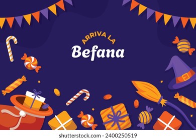 Buona Befana background. Translation: Happy Epiphany. witch flying on a broom. Cartoon Vector illustration for Poster, Banner, Greeting, Card, Post.