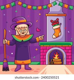 Buona Befana background. Translation: Happy Epiphany. witch flying on a broom. Cartoon Vector illustration for Poster, Banner, Greeting, Card, Post.