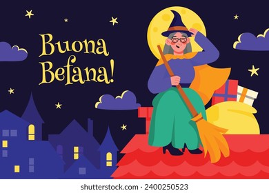 Buona Befana background. Translation: Happy Epiphany. witch flying on a broom. Cartoon Vector illustration for Poster, Banner, Greeting, Card, Post.