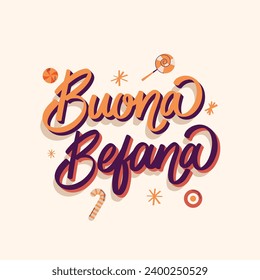 Buona Befana background. Translation: Happy Epiphany. witch flying on a broom. Cartoon Vector illustration for Poster, Banner, Greeting, Card, Post.