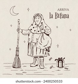 Buona Befana background. Translation: Happy Epiphany. witch flying on a broom. Cartoon Vector illustration for Poster, Banner, Greeting, Card, Post.