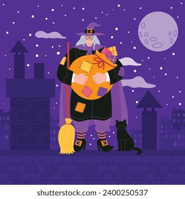 Buona Befana background. Translation: Happy Epiphany. witch flying on a broom. Cartoon Vector illustration for Poster, Banner, Greeting, Card, Post.