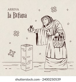 Buona Befana background. Translation: Happy Epiphany. witch flying on a broom. Cartoon Vector illustration for Poster, Banner, Greeting, Card, Post.