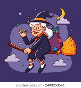 Buona Befana background. Translation: Happy Epiphany. witch flying on a broom. Cartoon Vector illustration for Poster, Banner, Greeting, Card, Post.