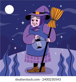 Buona Befana background. Translation: Happy Epiphany. witch flying on a broom. Cartoon Vector illustration for Poster, Banner, Greeting, Card, Post.