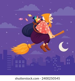 Buona Befana background. Translation: Happy Epiphany. witch flying on a broom. Cartoon Vector illustration for Poster, Banner, Greeting, Card, Post.