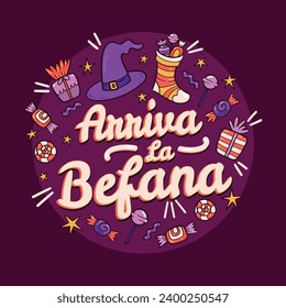 Buona Befana background. Translation: Happy Epiphany. witch flying on a broom. Cartoon Vector illustration for Poster, Banner, Greeting, Card, Post.