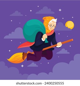 Buona Befana background. Translation: Happy Epiphany. witch flying on a broom. Cartoon Vector illustration for Poster, Banner, Greeting, Card, Post.