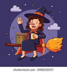 Buona Befana background. Translation: Happy Epiphany. witch flying on a broom. Cartoon Vector illustration for Poster, Banner, Greeting, Card, Post.