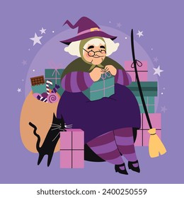 Buona Befana background. Translation: Happy Epiphany. witch flying on a broom. Cartoon Vector illustration for Poster, Banner, Greeting, Card, Post.