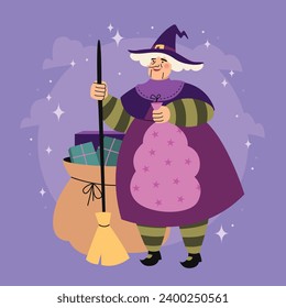 Buona Befana background. Translation: Happy Epiphany. witch flying on a broom. Cartoon Vector illustration for Poster, Banner, Greeting, Card, Post.