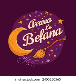 Buona Befana background. Translation: Happy Epiphany. witch flying on a broom. Cartoon Vector illustration for Poster, Banner, Greeting, Card, Post.