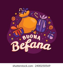 Buona Befana background. Translation: Happy Epiphany. witch flying on a broom. Cartoon Vector illustration for Poster, Banner, Greeting, Card, Post.