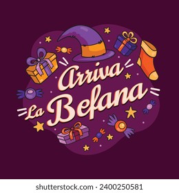 Buona Befana background. Translation: Happy Epiphany. witch flying on a broom. Cartoon Vector illustration for Poster, Banner, Greeting, Card, Post.