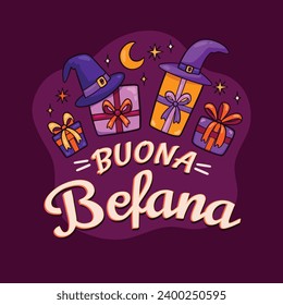 Buona Befana background. Translation: Happy Epiphany. witch flying on a broom. Cartoon Vector illustration for Poster, Banner, Greeting, Card, Post.