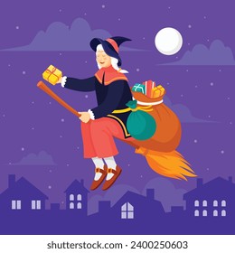 Buona Befana background. Translation: Happy Epiphany. witch flying on a broom. Cartoon Vector illustration for Poster, Banner, Greeting, Card, Post.