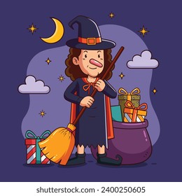 Buona Befana background. Translation: Happy Epiphany. witch flying on a broom. Cartoon Vector illustration for Poster, Banner, Greeting, Card, Post.