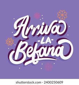 Buona Befana background. Translation: Happy Epiphany. witch flying on a broom. Cartoon Vector illustration for Poster, Banner, Greeting, Card, Post.