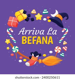 Buona Befana background. Translation: Happy Epiphany. witch flying on a broom. Cartoon Vector illustration for Poster, Banner, Greeting, Card, Post.