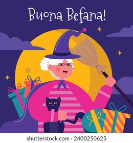 Buona Befana background. Translation: Happy Epiphany. witch flying on a broom. Cartoon Vector illustration for Poster, Banner, Greeting, Card, Post.