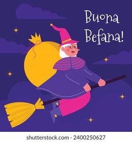 Buona Befana background. Translation: Happy Epiphany. witch flying on a broom. Cartoon Vector illustration for Poster, Banner, Greeting, Card, Post.