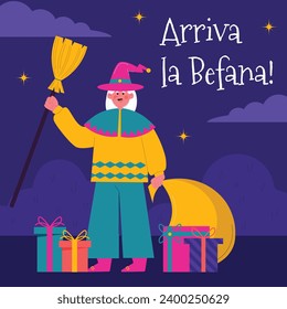 Buona Befana background. Translation: Happy Epiphany. witch flying on a broom. Cartoon Vector illustration for Poster, Banner, Greeting, Card, Post.