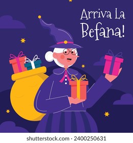 Buona Befana background. Translation: Happy Epiphany. witch flying on a broom. Cartoon Vector illustration for Poster, Banner, Greeting, Card, Post.