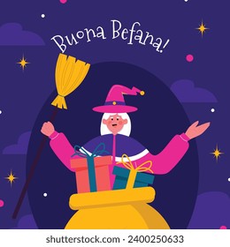 Buona Befana background. Translation: Happy Epiphany. witch flying on a broom. Cartoon Vector illustration for Poster, Banner, Greeting, Card, Post.