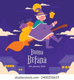 Buona Befana background. Translation: Happy Epiphany. witch flying on a broom. Cartoon Vector illustration for Poster, Banner, Greeting, Card, Post.