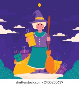 Buona Befana background. Translation: Happy Epiphany. witch flying on a broom. Cartoon Vector illustration for Poster, Banner, Greeting, Card, Post.