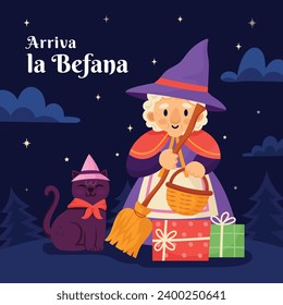 Buona Befana background. Translation: Happy Epiphany. witch flying on a broom. Cartoon Vector illustration for Poster, Banner, Greeting, Card, Post.