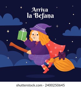 Buona Befana background. Translation: Happy Epiphany. witch flying on a broom. Cartoon Vector illustration for Poster, Banner, Greeting, Card, Post.