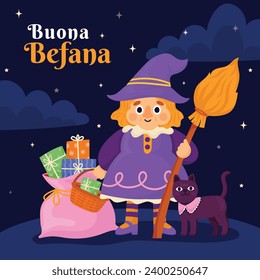 Buona Befana background. Translation: Happy Epiphany. witch flying on a broom. Cartoon Vector illustration for Poster, Banner, Greeting, Card, Post.