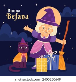 Buona Befana background. Translation: Happy Epiphany. witch flying on a broom. Cartoon Vector illustration for Poster, Banner, Greeting, Card, Post.