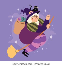 Buona Befana background. Translation: Happy Epiphany. witch flying on a broom. Cartoon Vector illustration for Poster, Banner, Greeting, Card, Post.