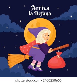 Buona Befana background. Translation: Happy Epiphany. witch flying on a broom. Cartoon Vector illustration for Poster, Banner, Greeting, Card, Post.