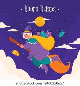 Buona Befana background. Translation: Happy Epiphany. witch flying on a broom. Cartoon Vector illustration for Poster, Banner, Greeting, Card, Post.