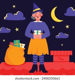 Buona Befana background. Translation: Happy Epiphany. witch flying on a broom. Cartoon Vector illustration for Poster, Banner, Greeting, Card, Post.