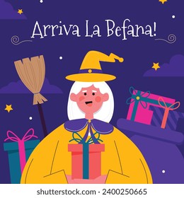 Buona Befana background. Translation: Happy Epiphany. witch flying on a broom. Cartoon Vector illustration for Poster, Banner, Greeting, Card, Post.