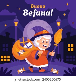 Buona Befana background. Translation: Happy Epiphany. witch flying on a broom. Cartoon Vector illustration for Poster, Banner, Greeting, Card, Post.