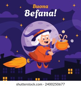 Buona Befana background. Translation: Happy Epiphany. witch flying on a broom. Cartoon Vector illustration for Poster, Banner, Greeting, Card, Post.