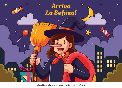 Buona Befana background. Translation: Happy Epiphany. witch flying on a broom. Cartoon Vector illustration for Poster, Banner, Greeting, Card, Post.