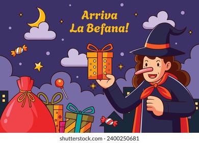 Buona Befana background. Translation: Happy Epiphany. witch flying on a broom. Cartoon Vector illustration for Poster, Banner, Greeting, Card, Post.