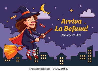 Buona Befana background. Translation: Happy Epiphany. witch flying on a broom. Cartoon Vector illustration for Poster, Banner, Greeting, Card, Post.