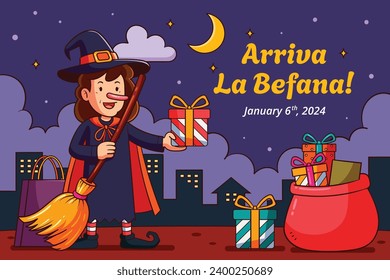 Buona Befana background. Translation: Happy Epiphany. witch flying on a broom. Cartoon Vector illustration for Poster, Banner, Greeting, Card, Post.