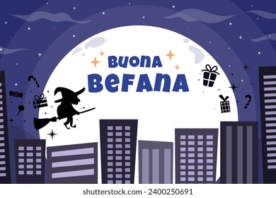 Buona Befana background. Translation: Happy Epiphany. witch flying on a broom. Cartoon Vector illustration for Poster, Banner, Greeting, Card, Post.