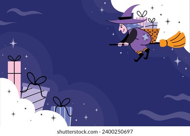 Buona Befana background. Translation: Happy Epiphany. witch flying on a broom. Cartoon Vector illustration for Poster, Banner, Greeting, Card, Post.