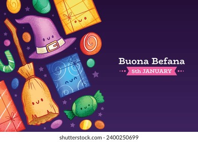 Buona Befana background. Translation: Happy Epiphany. witch flying on a broom. Cartoon Vector illustration for Poster, Banner, Greeting, Card, Post.