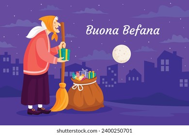 Buona Befana background. Translation: Happy Epiphany. witch flying on a broom. Cartoon Vector illustration for Poster, Banner, Greeting, Card, Post.